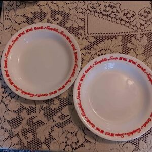 Pair Vtg Corelle Campbell's Soup Flat Rim Soup Bowls Pyrex Coordinate